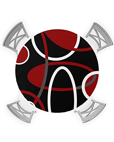 Geometric Red Black Round Waterproof Table Cover Fitted Tablecloth,Wipeable Fabric Elastic Table Cloth Oil-Proof Tablecover for Indoor Outdoor Picnic,Modern Abstract Minimalist Circular Line 36