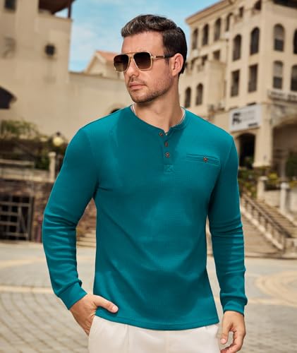 PRIVIMIX Mens Waffle Henley Long Sleeve Cotton Casual T-Shirt Fashion Three Button Pullover with Pocket2