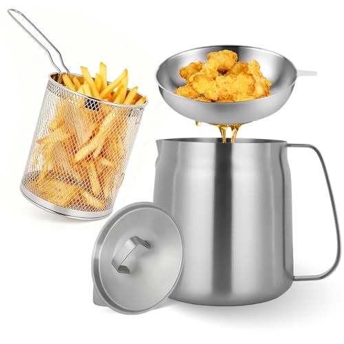 119oz Stainless Steel Deep Fryer Pot with Basket and Oil Strainer, Multifunctional Deep Frying, Small Stove Top deep fry for Kitchen and Camping, Steel Pour Pot for French Fries, Chicken (3.5L)