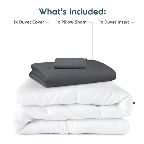 Nestl Twin Duvet Cover Set with Comforter Insert - Dark Grey 3 Piece 68x90 Duvet Cover & 1 Pillow Sham with White Quilted Down Alternative Comforter, Ultra Soft, All Season