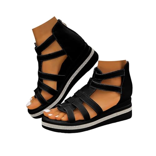 Women's Summer Thick Soles Wedge Sandals With Arch Support 2025 Summer Casual Fashionable Rhinestones Open Toe Solid Color Hollow Out ressy Platform Sandals Comfortable Lightweight Beach Walking Shoes