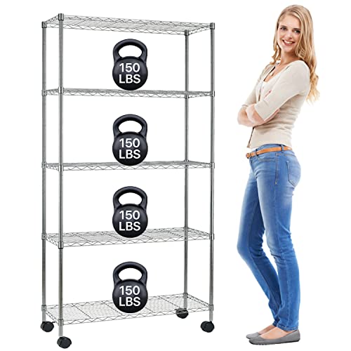 Storage Shelves Metal Wire Shelving Unit 5-Tier NSF Heavy Duty Organizer Shelf Adjustable Utility Rolling Steel Garage Shelving 14