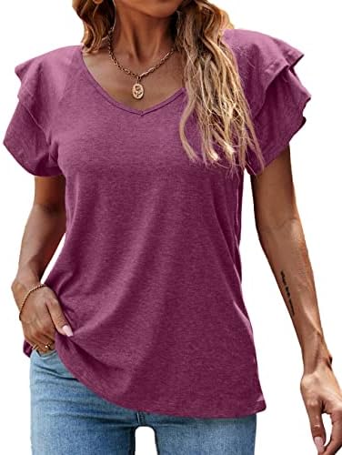 osazic Womens Summer Tops Double Ruffle Short Sleeve V Neck T-Shirts Casual Loose Fit Tops S-XXL