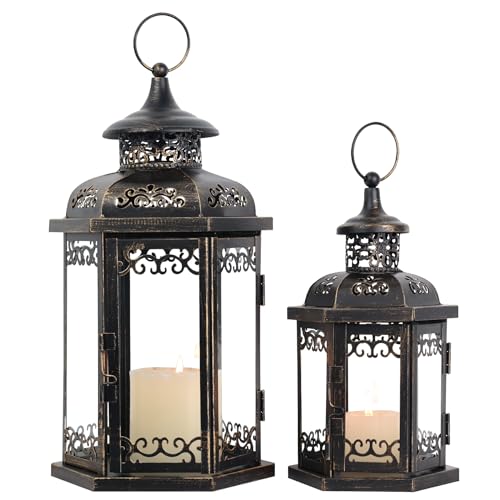 DECORKEY Large Lantern Decorative Outdoor & Indoor, Set of 2 (15’’&11’’) Metal Candle Lanterns Decor, Vintage Hanging Candle Holder for Front Porch Patio Wedding Farmhouse Home, Spring Decoration