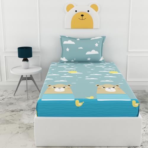 Image of LORETO - A QUALITY LINEN BRAND 186 TC 100% Pure Cotton Single Fitted Bedsheet with 1 Pillow Cover for 78 x 36 Inch Mattress, All-Around Elastic, 8 Inch Deep Pocket, Aqua Blue Bear & Duck