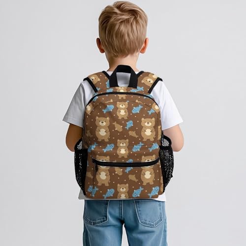 Kid's Mini Backpack 12 Inch Brown Bear And Blue Fish Backpack Schoolbag Preschool Kindergarten Children Bag Nursery Travel Bag for Toddler Boys Girls Age 3-72