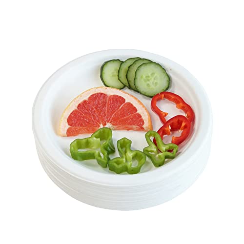 Assiette Jetable Assiette Carton Blanc Biodégradables Sugarcane Bagasse Vaisselle Jetable - Ecologique et Compostable Assiettes Jetables Idéal pour les Fêtes, Barbecue, Pique-Nique (50PCS, 17,8CM)