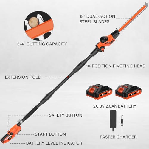 MAXLANDER Hedge Trimmer 18-Inch Cordless Pole Hedge Trimmer, 16-Feet Max Reach Hedge Trimmer with Extension Pole, Multi-Angle Adjustable, 2 x 2.0Ah Battery and Charger Included by MAXLANDER - Image 8