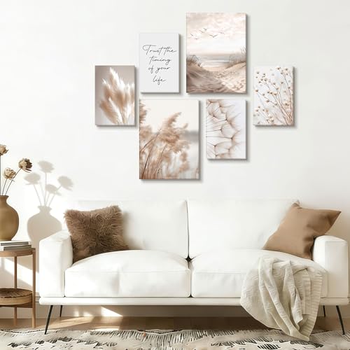 Tableau decoration murale roseaux beige 6 pièces pour salon - 5
