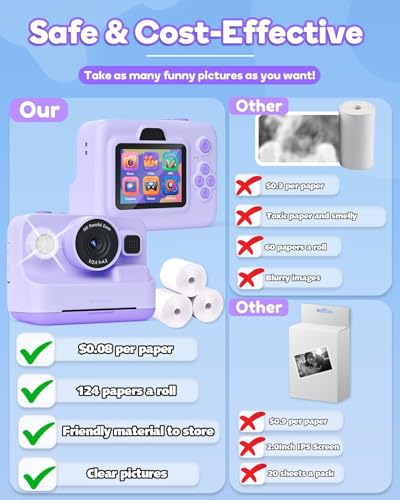 Image of Camera Instant Print, 1080P Kids Digital Camera with Printer Paper, Christmas Birthday Gift for Girls (Purple)