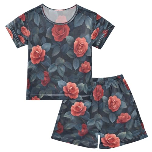 senya Short Sleeve Pajamas Sets Summer Cotton Sleepwear Red Camellia Green Leaves
