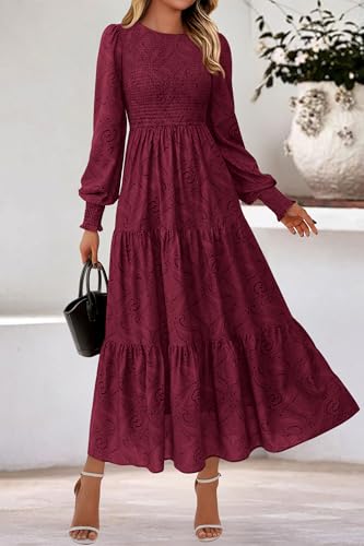 dowerme Maxi Dresses for Women 2025 Long Sleeve Floral Smocked A Line Polka Dot Flowy Boho Vacation Dress Fall Clothes2