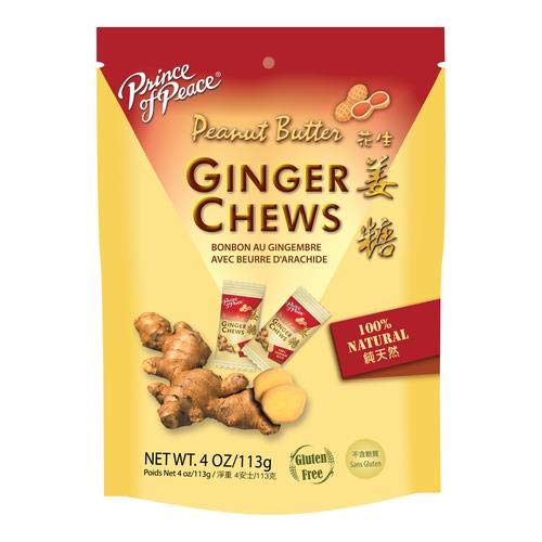 Prince of Peace Ginger Chews with Peanut Butter, 4 oz.  Candied Ginger  Peanut Chews  Peanut Butter Ginger Chews  Peanut Butter Candy  Ginger Candy for Nausea - 2 Pack