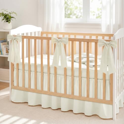 Image of Smoothnovelty Beige Crib Bed Skirts with 4 Large Cot Bow 28 inch x 52 inch,14 inch Drop