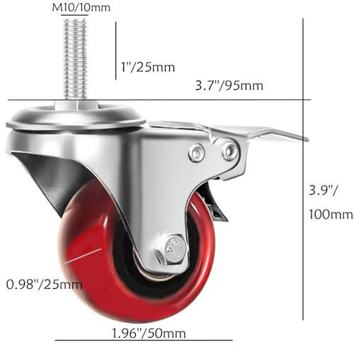 Image of Heavy Duty Stem Caster Wheels M10-1.5X25mm Dual Locking No Noise PVC Threaded Stem Caster Wheels Pack of 4 for Workbench, Dolly, Furniture (2 Inch, Red)