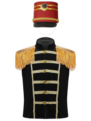 renvena Marching Band Kids Military Vest with Hat Suit Drummer Parade Fringe Epaulet Waistcoat Set