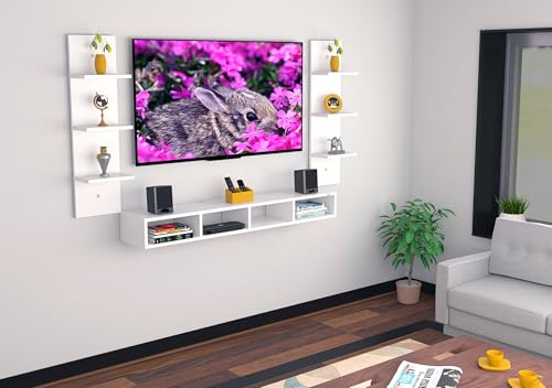 Image of DAS Bolivar High Strength Engineered Wood Wall Mount TV Entertainment Unit /with Set Top Box Stand and 6 Wall Shelf Display Rack for Living Room Frosty White Large(Ideal for Up to 55 inch) Screen