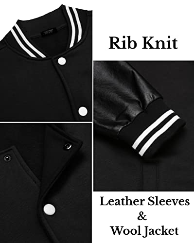 Coofandy Men Varsity Jackets Leather Sleeve Slim Fit College Baseball Letterman Bomber Coat Black Large thumb #4