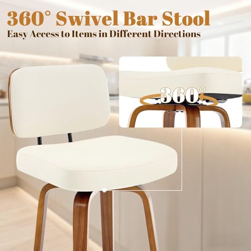 Image of Counter Height Bar Stools Set of 2, 26+inch Swivel Faux Leather Barstool with Back, Upholstered Mid-Century Modern Bar Chairs with Bent Wood Legs for Kitchen Counter, Dining Room, Cream White