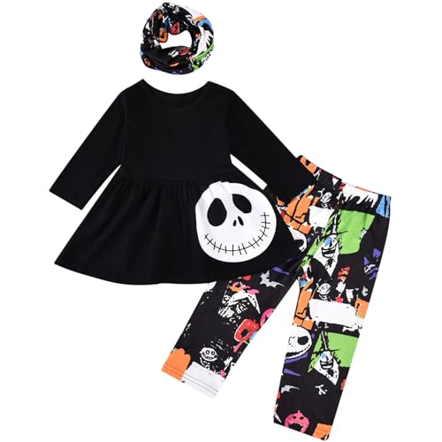 3PCS Bebé Niñas Halloween Trajes Cráneo Tops Ghost Leggings Pantalones con Csarf Sombrero Ropa Set - negro - 2-3 años