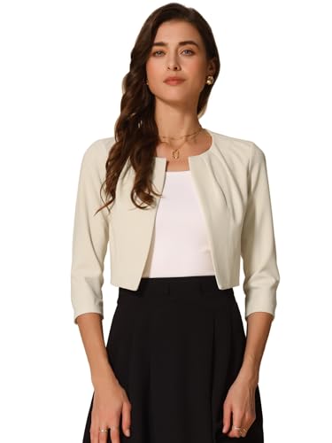 Image of Allegra K 3 /4 Sleeve Shrug Top for Women's Collarless Pleated Open Front Cropped Cardigan