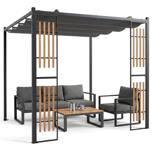 Image of COSTWAY 2.3 X 2.3m/3 X 3m/3 X 4m Metal Pergola with Retractable Roof, Large Garden Pergola with Sun Shade Canopy, Outdoor Grape Trellis Gazebo for Patio Party BBQ (Grey, 2.3 X 2.3M, Normal Type)