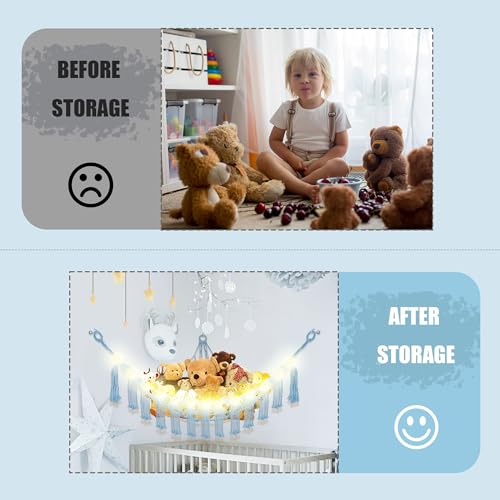 Image of CERETIA Stuffed Animal Hammock with LED Light, Large Stuffed Animals Storage Corner Plushie Net for Kids Room Decor, Baby Blue