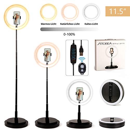 Anneau Lumineux Trepied, Ato Bea 11,5' LED Ring Light Telephone Télécommande 3 Couleurs 3200-6000K, Hauteur du Support réglable de 22,8 à 66,1 ″ pour la Diffusion de Youtube Video Selfie Live