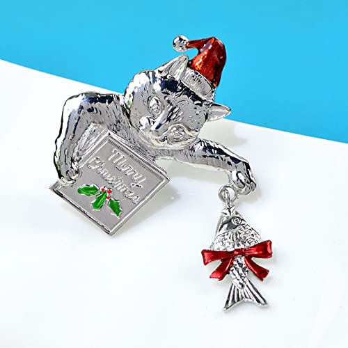 Broche de Noël chat émail brillant avec pendentif poisson - 2