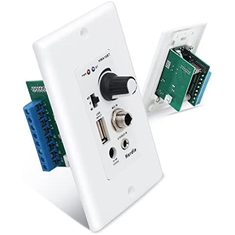 Herdio Bluetooth Wall Amplifier 4 Channels Volume Control Wall Plate USB/MIC/AUX(3.5mm) Inputs Connect 4 Speakers with 12V 3A Power Supply,HWA-16BT-4CH Cover
