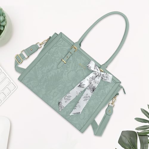 Image of MOSISO Laptop Bag for Women, PU Leather Tote Bag, Front Embossed Retro Hibiscus Computer Bags with Silk Scarf&Clutch Purse
