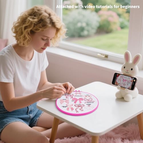 Image of Pink Bowknot Embroidery Kits for Beginners Adults, Cute Hand Embroidery Starter Kits, Counted Cross Stitch Kits for Beginners DIY Craft Kits for Adults Women, Embroidery Hoops, Thread & Video Tutorial