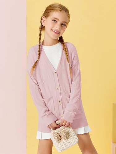 Image of Girls Cardigans Kids Fashion Open Front Long Sleeve Knit Sweaters Outerwear with Pockets 5-14 Years Pink
