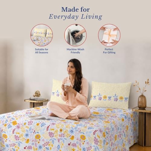 Image of Jaipur Weaves Cotton King Size Bedsheet 108x108 Super King, 100% Pure Cotton Bed Sheet with 2 Pillow Covers, 240 TC Soft Breathable Floral Design Bedding - (Sunny Floral Delight, Super King)