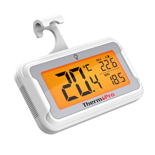 ThermoPro Kühlschrankthermometer Digital mit großem LCD-Display und Hintergrundbeleuchtung Gefrierschrank-thermometer mit Max/Min-Aufzeichnung...