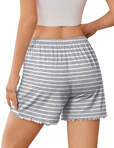 Image of Ekouaer 2 Pack Womens Pajama Shorts 2026 Summer Casual Lounge Sleep Short Ruffle Soft Comfy Pj Bottoms with Pockets Black /Gray Stripe Small