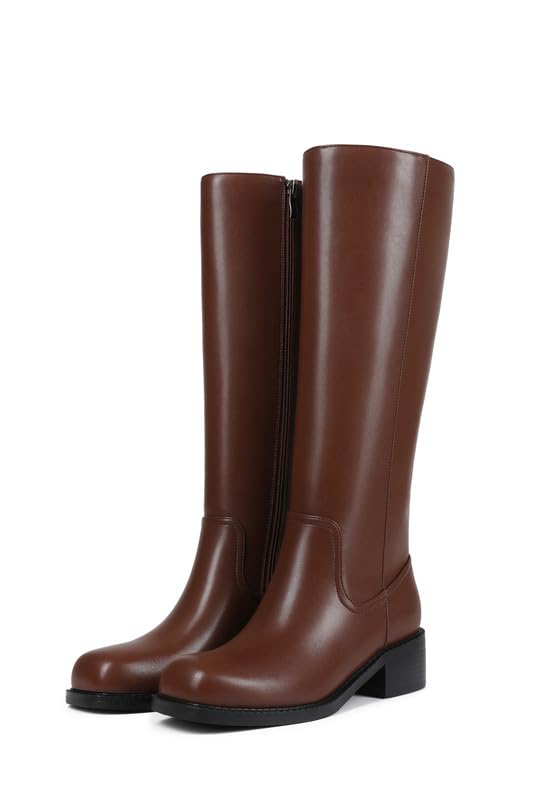 Image of ZJA Knee High Boots Square Toe Boots Low Heel Flat Long Boots for Women Dress Chunky Comfortable Tall Boots