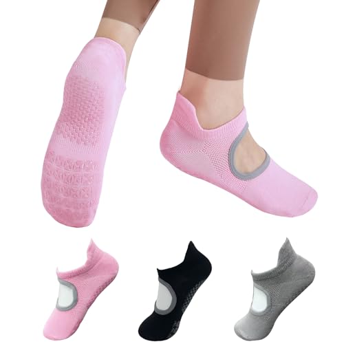 WAJIAFAR Grip Pilates Socks for Women Non Slip Open Top Yoga Socks with Grips for Barre Dance Barefoot 3 Pairs (Black & Gray & Pink)
