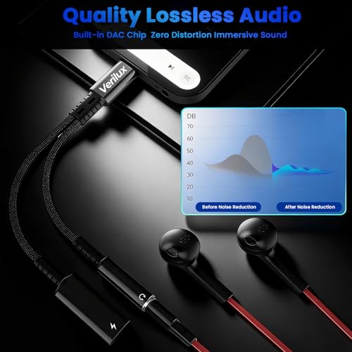 Image of Verilux PD 60W Type C to 3.5mm Headphone Charger Adapter, 2 in 1 Splitter Type C to USB-C Fast Charger & 3.5mm Headphone, Nylon Braided Cable for iPhone 17 /17 Pro /17 Pro Max /16 /15 Series