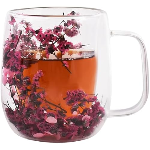 Real Flower Glass Tea Cup, 13 oz Double Wall Glass Coffee Mug with Preserved Flowers, Borosilicate Floral Cup, Gift for Women