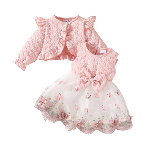 DivingBirds Baby Girls Dress and Cardigan 2pcs Set Toddler Sleeveless Floral Print Butterfly Party Tulle Dresses Ruffle Long Sleeve Coat Autumn Winter Casual Clothes for 2-3 Years Light Pink