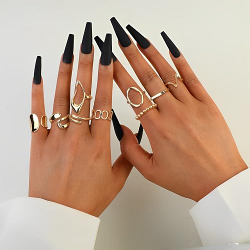 FIBO STEEL 9 Pcs Gold Chunky Rings for Women 18K Gold Plated Ring Set Dome Thick Open Rings Adjustable2