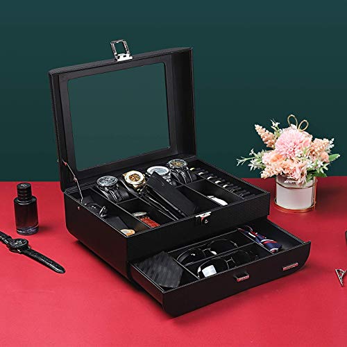Homde Fathers Day Gifts - Watch Box Arc Display Case Carbon Fiber Jewelry Organizer Luxury Sunglasses Holder With Drawer, Glass Top And Lock For Men Women #TOP1