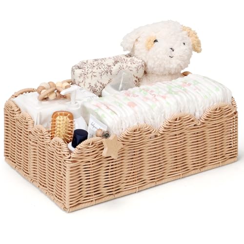 Klippehop Wicker Diaper Caddy Organizer Nursery Storage Basket for Diapers and Baby Wipes Baby Essentials Organizer for Changing Table Splinter Free Rattan Style (Natural L)