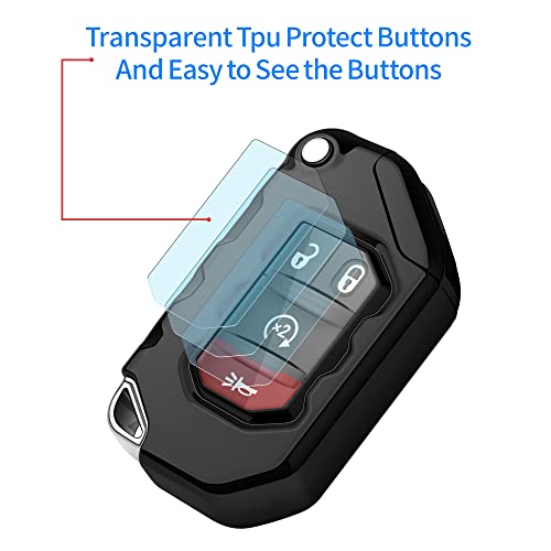 Image of Compatible with Jeep Key Fob Cover With Leather Keychain Soft TPU Protection Key Case for 2018-2026 Wrangler JL JLU Rubicon Wagoneer Gladiator JT Sahara JLU Remote Ke (Black)