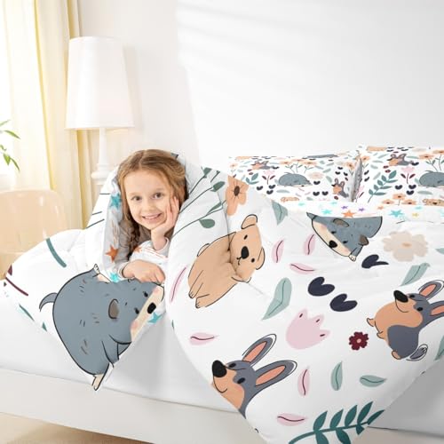 Image of Feelyou Cartoon Dog Comforter Set Toddler Size, Puppy Dog Bedding Set for Kids Boys Girls Dogs and Flowers Bedding Set Botanical Plant Duvet Set Durable Quilt Set