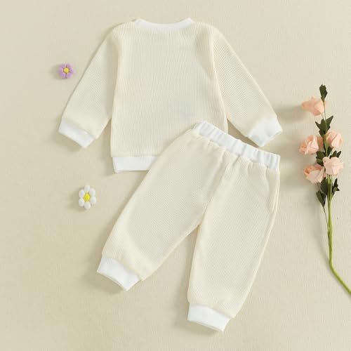 Amnnchya Toddler Clothes For Girls Baby 3D Flower Fall Winter Outfits Stripes Waffle Sweatshirt Pullover Cute Pants Set (Apricot Floral, 12-18 Months)