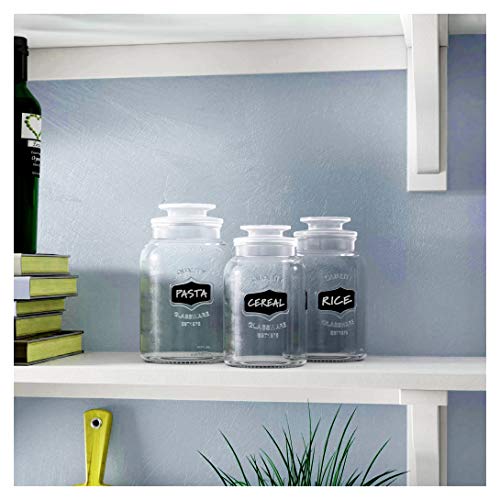 Glass Canister Set for Kitchen or Bathroom, Apothecary Glass Food Storage Jars with Airtight Lid and Chalkboard Labels - Set of 3 Cookie and Candy Jars, Storage Containers