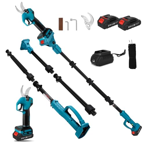 Cordless Pruning Shears with 2m Telescopic Pole and 2 * 1500m Ah Battery, Brushless Electric Secateurs with 2 Gears, 30mm Cutting Diameter, Sharpening Stone and Spare Blades