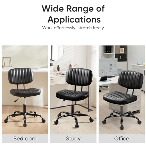 Image of DUMOS Small Office Desk Chair - Armless PU Leather with Comfy Lumbar Support, Height Adjustable Rolling Swivel Task for No Arms, for Adult, Student, Bedroom, Home, Vanity, Black